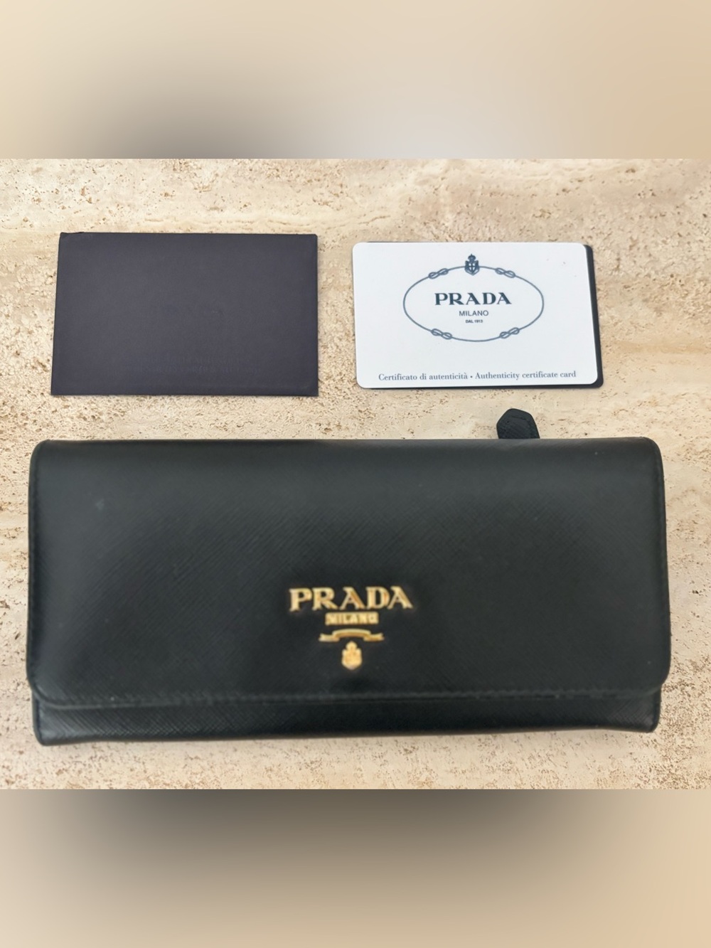Prada Black Saffiano Leather Long Wallet with Gold Logo
